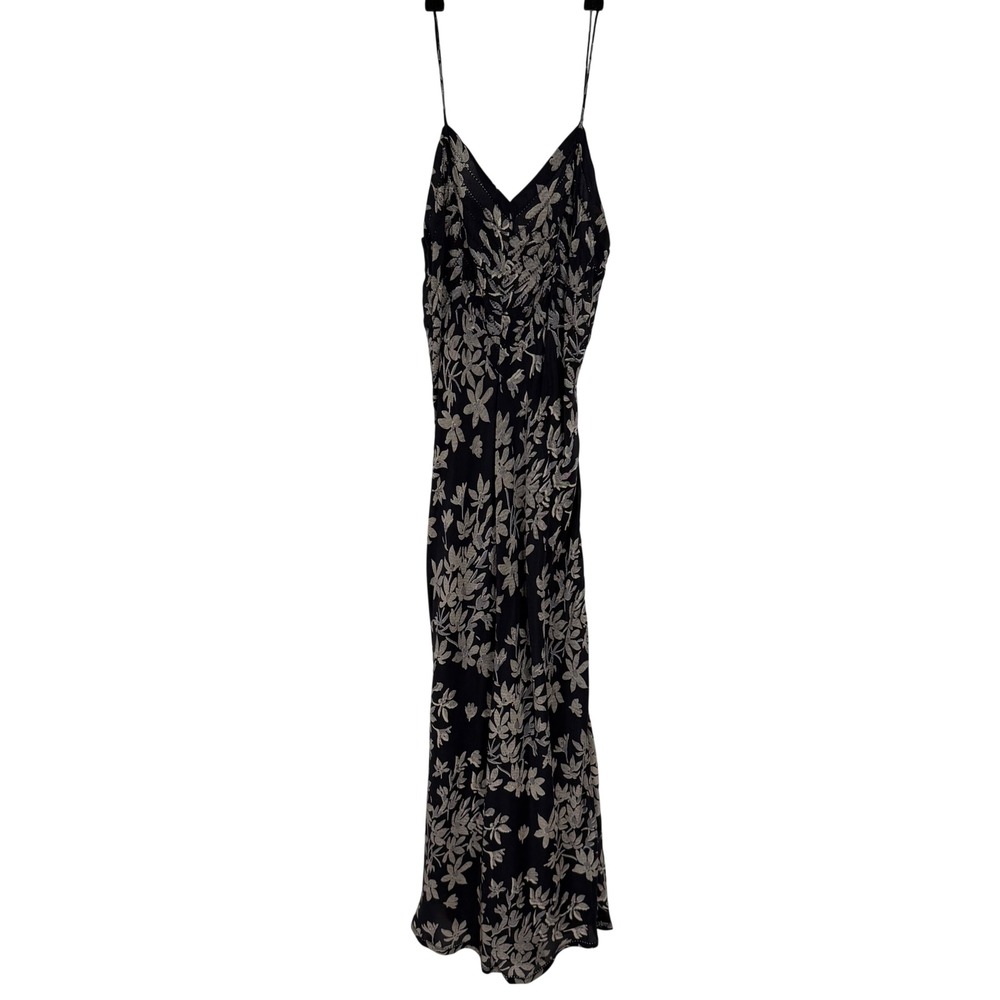 Nicole Farhi 100% Silk Floral Maxi Slip Dress Black Cream V-Neck Size US 4 (Flaw